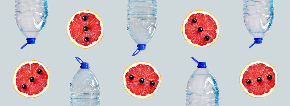 Drinking water bottles with fruits, artistic full patterned banner. Transparent big full plastic bottles, grapefruit slices, berries, isolated. Flavored water conceptual background. Image manipulation