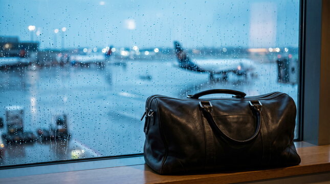 Leather duffle bag resting on windowsill by raindrop-covered window inside airport terminal overlooking airplane on runway, travel delay concept.