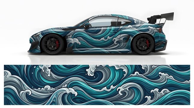 Sport Car with Japanese Wave Decal Wrap, Racing Vehicle Livery Design, Dynamic Ocean Art, Automotive Vinyl Sticker