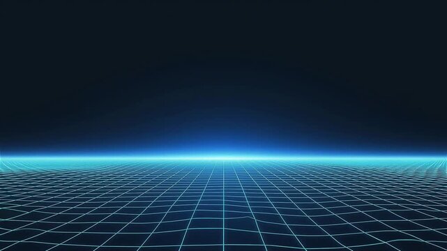 Minimalist cyberpunk neon blue perspective grid lines fading into a dark technological horizon.
