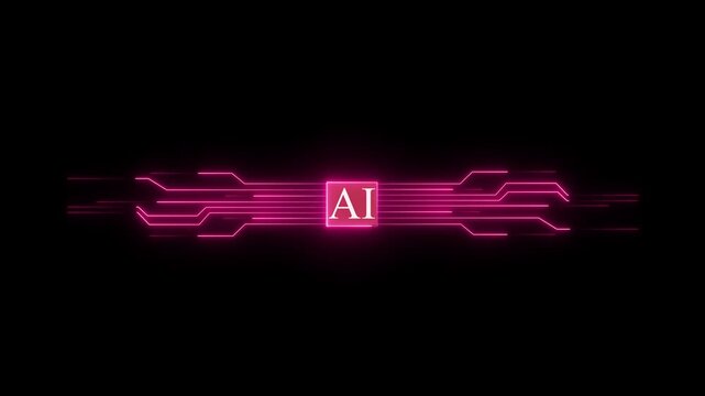 Glowing neon AI circuit board background. Computer motherboard with a chip, Minimal chip icon technology circuit board with ai text icon on black background .4k 