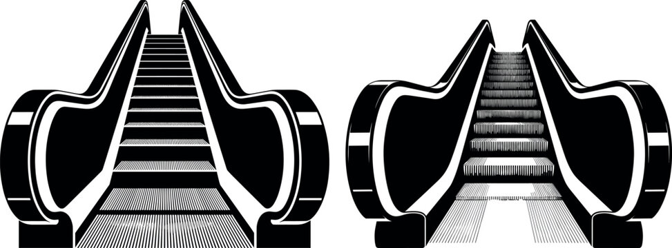 Black and white vector illustration set of escalator icons representing urban transit mall infrastructure and mechanical stairs moving walkway design
