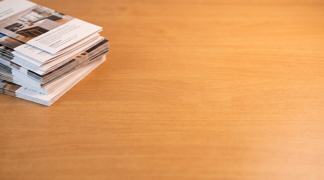 Professional stack of brochures on a wooden desk, corporate marketing booklets on light oak tabletop with copy space, printed catalogs and magazines for business presentation and branding