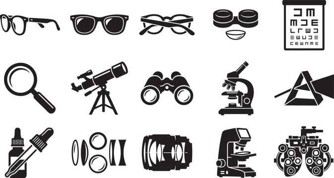 Optical vision correction and ophthalmology equipment vector icons set with eyeglasses microscope telescope and eye exam chart black silhouettes