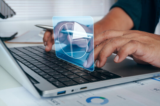 Business professional managing digital investment portfolio on laptop with virtual portfolio dashboard interface for asset allocation, wealth management, portfolio diversification, financial planning