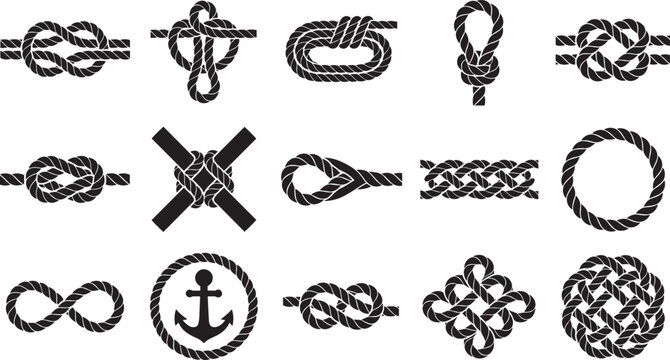 Nautical rope knots and marine cordage borders vector icons set with anchor loop and sailor knot black silhouettes