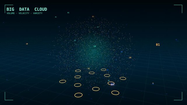 Big data particles condensing columns, abstract futuristic technology background concept 3D animation, seamless loop.