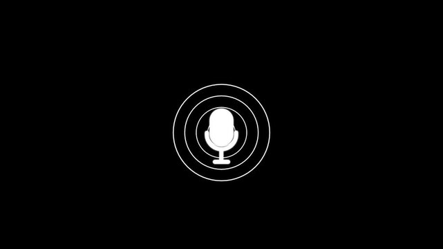 White microphone inside a circular ring on a black background representing audio recording podcasting or voice communication technology