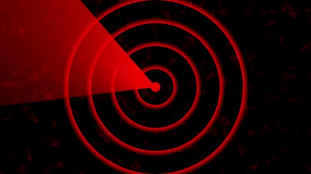 Red radar screen display with concentric circular lines and scanning beam on a dark textured background for military or scientific surveillance