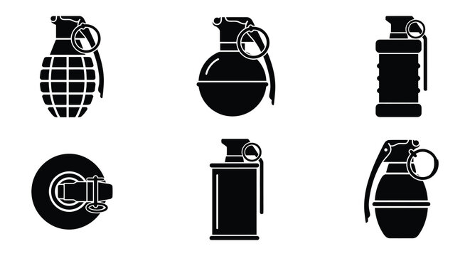 Black silhouette illustrations of various hand grenade designs on a white background