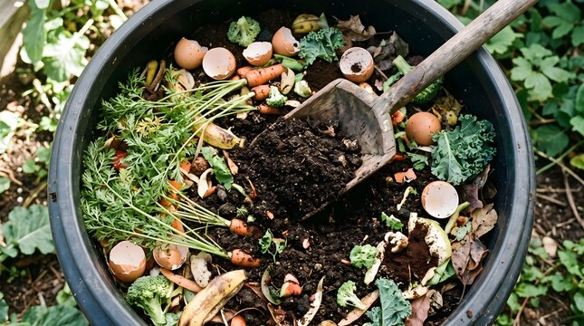 Organic compost bin with food waste and garden soil, sustainable recycling of vegetable scraps and eggshells, eco-friendly backyard composting process