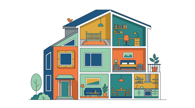 Cross section of a modern house showing multiple rooms and furniture