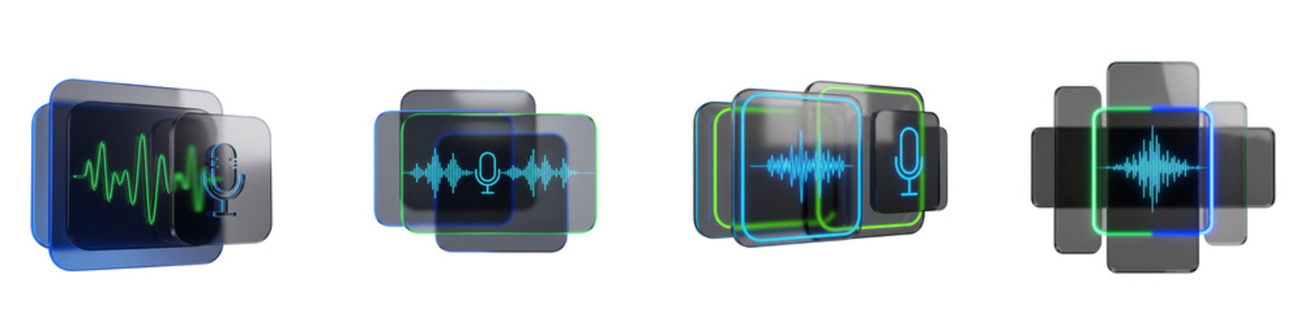 Glass morphic voice recording icons with sound wave forms on black