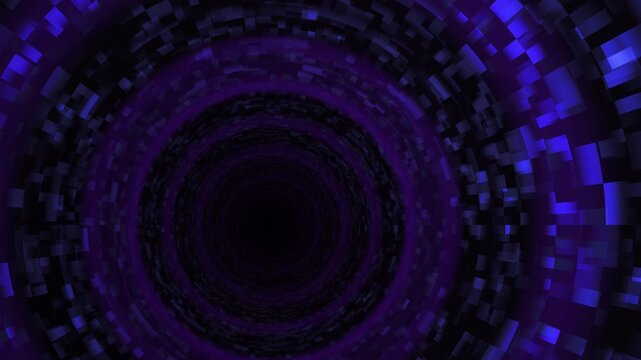 Abstract digital tunnel with glowing purple and blue cubes creating a futuristic vortex effect.