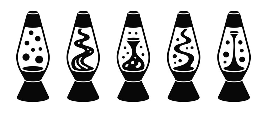 Set Of Black Lava Lamp Icons Retro Liquid Motion Decorative Lamp Symbols for Interior Design Isolated on Beige Vector