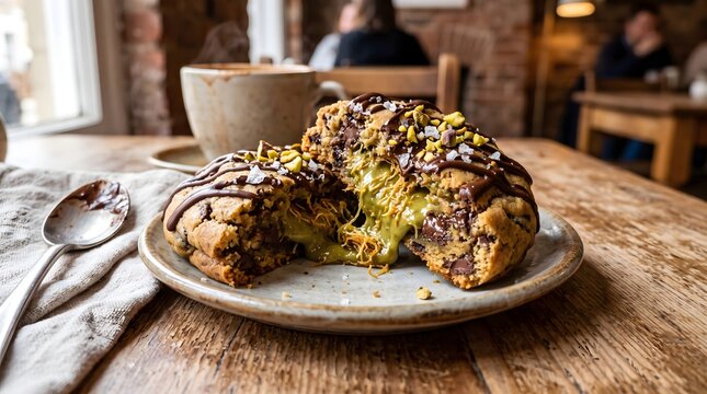 Delicious pistachio kunafa stuffed chocolate chip cookie served on a small ceramic plate at cafe