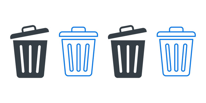 Trash can icon set with blue delete and recycle bin symbols