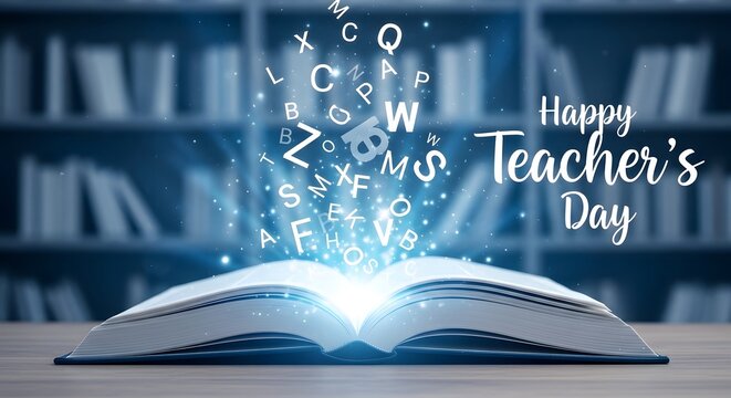 Open book with floating letters and happy teacher's day greeting