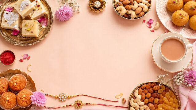 Raksha Bandhan festive food arrangement with Indian sweets, dry fruits, masala chai and decorative rakhi bracelets, pastel background