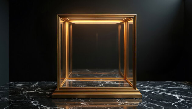 Empty glass display case with luxury golden frame sits on dark marble surface. Minimal cube box showcase for jewelry presentation in gallery museum. Modern elegant retail show stand glows in black