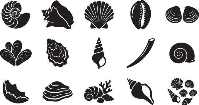Sea shells and marine beach souvenirs vector icons set with spiral mollusk clam scallop and oyster black silhouettes