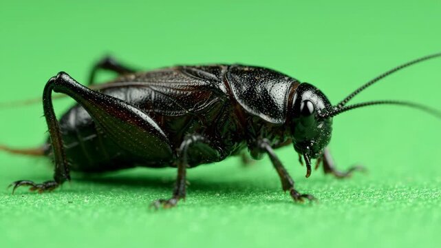 Close up macro shot of a black field cricket walking slowly across a flat green screen surface for chroma key compositing