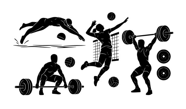 Athletic compilation volleyball spike weightlifting and diving silhouettes