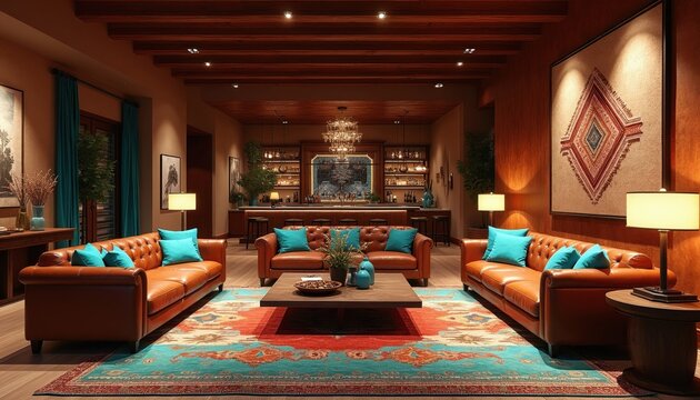 Luxurious southwestern living room features brown leather sofas with bright turquoise pillows. Patterned rug covers wooden floor. Wooden ceiling beams add rustic style. Elegant bar area glows in