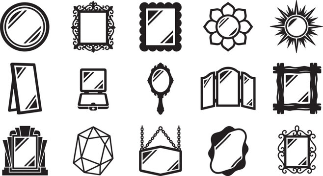 Vintage mirrors and decorative wall frames vector icons set with compact hand mirror sunburst and vanity glass silhouettes