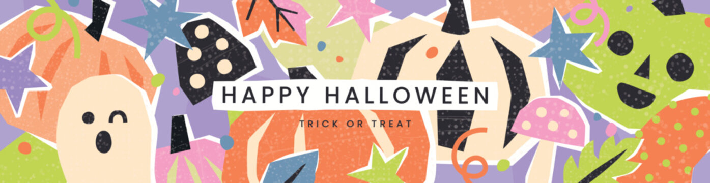 Horizontal banner for Halloween party in paper cutout collage style with grainy texture. Design features festive pumpkin, spooky ghost, star and autumn leaf, vector illustration
