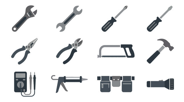 Collection of various hand tools and equipment icons.