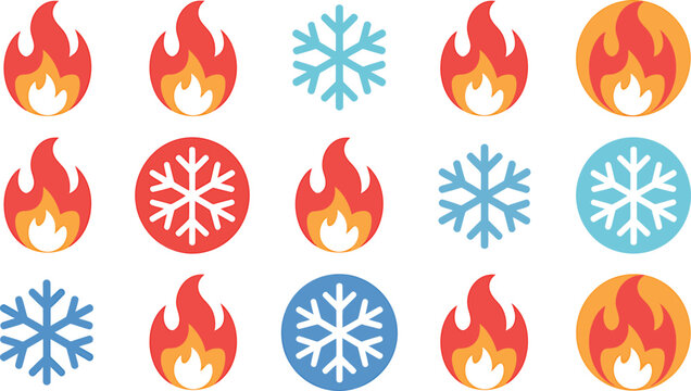 Fire and snowflake icons set collection featuring hot flame and cold winter crystal symbol shapes and ice temperature gauge, and weather icon