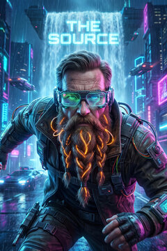 A futuristic image of David Livingston with a neon mustache and beard running through a cyberpunk city. Waterfall in the background with the inscription "THE SOURCE"