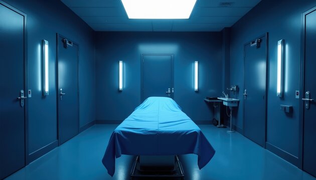 Empty autopsy room features cold blue lighting with metal examination table covered by cloth sheet. Sterile forensic science facility creates eerie atmosphere for medical investigation. Quiet