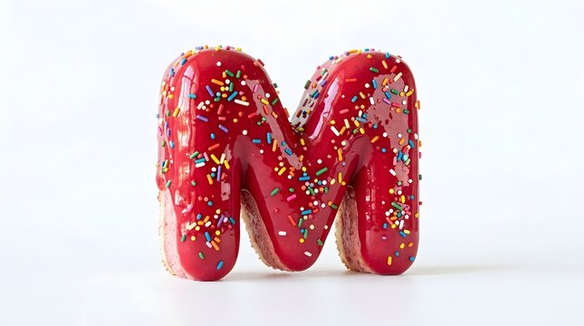 Letter m shaped like a glazed donut with colorful sprinkles on white background