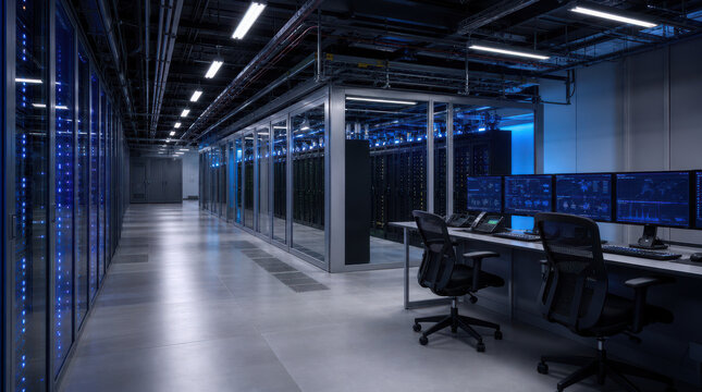 Secure data center control room with server racks and monitoring workstations showing business continuity and infrastructure resilience in corporate environment
