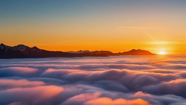 Sunrise loop light spreads across cloud tops shadows shifting gently over distant landscape