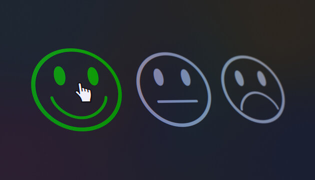 Illustration of a fictional website showing a mouse pointer clicking on a Satisfied button (positive feedback) in a feedback survey. Business concept for online ratings.