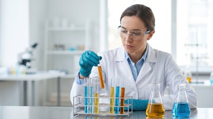Fototapeta premium Female scientist working in a laboratory, conducting experiments and research with test tubes and chemical liquids.