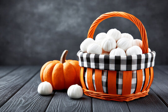 Wicker basket with check trim filled with white mini pumpkins on dark wooden table, copy space.