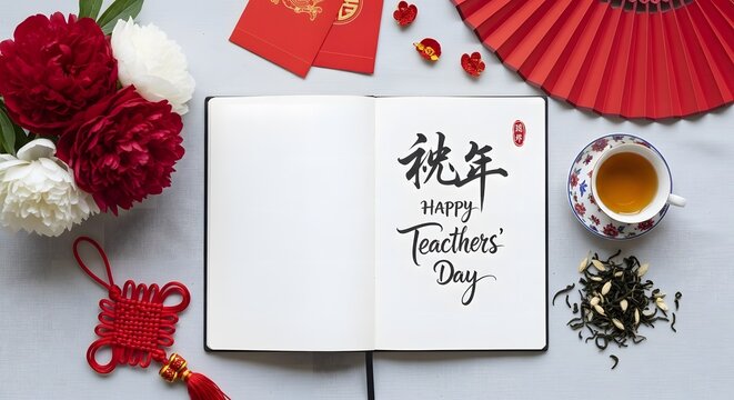Happy teachers' day celebration with tea and traditional chinese elements