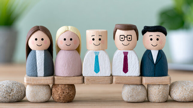 Wooden figure business team diversity leadership project management development teamwork collaboration office smiling professional creative concept success support unity group people workplace