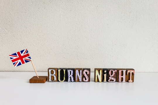BURNS NIGHT Display with United Kingdom Flag and Vintage Letterpress Blocks