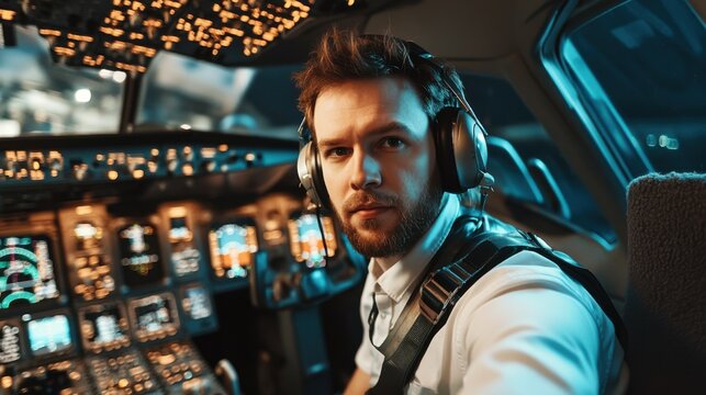 Aspiring pilot examining flight checklist in a realistic cockpit environment with dramatic visuals