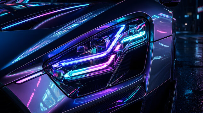 Futuristic car laser LED headlight with purple and blue neon reflections