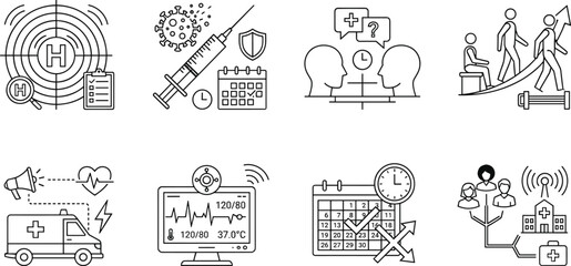 Fototapeta premium Set of professional medical and healthcare line icons illustrating clinical concepts, patient care, and health technology