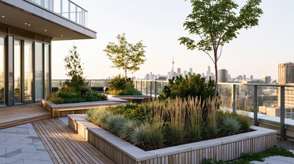 Fototapeta premium Modern rooftop garden features raised planters, ornamental grasses, trees, wooden decking, and panoramic city skyline views at sunset.