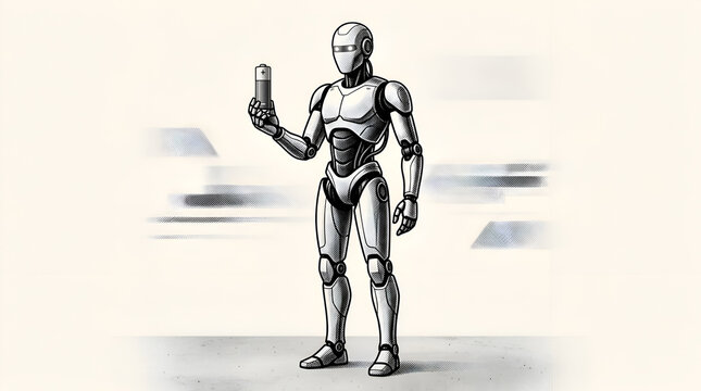 Monochrome Sketch of a Futurist Humanoid Robot Holding a Battery for Power