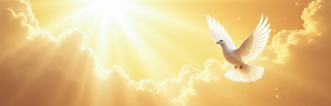White dove flies in bright golden sky with sun rays shining through clouds. Symbol of peace, holy spirit spreads wings in heaven. Religious banner for Pentecost Sunday prayer celebration event