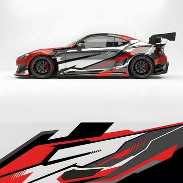 Dynamic Sports Car Wrap Design with Red, White, and Black Abstract Graphics